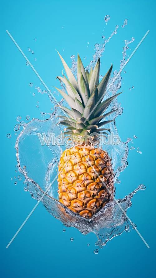 Splashing Pineapple on Blue Background