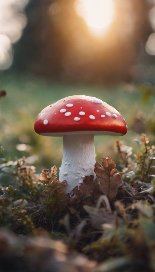 A close up of a mushroom with a bright red cap and dotted with white spots sitting cozily amidst a charming cottagecore scene with a soft sunset background.