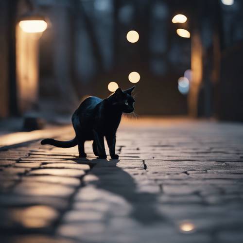 A minimalist aesthetic representation of a black cat walking under the moonlight.