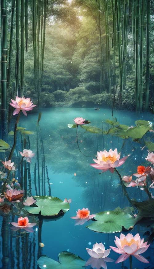 A mystical sapphire blue lagoon decorated with lotus flowers and elusive koi fish, hidden deep within a tranquil bamboo forest.