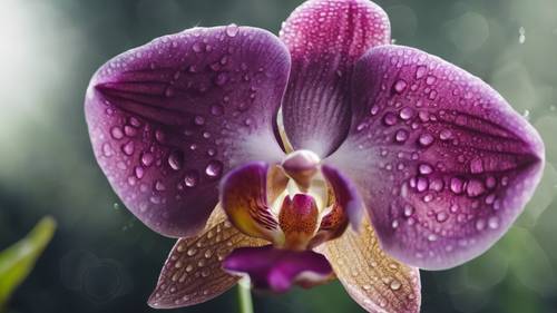 A lavishly colored orchid perched delicately in a rainforest, dew droplets on its petals.