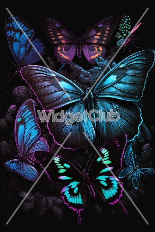 Яркие неоновые бабочки в волшебном саду