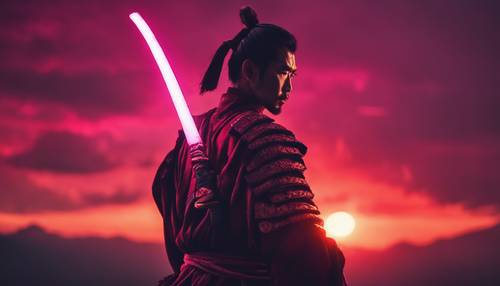 Um samurai empunhando uma espada neon brilhante contra um pôr do sol carmesim.