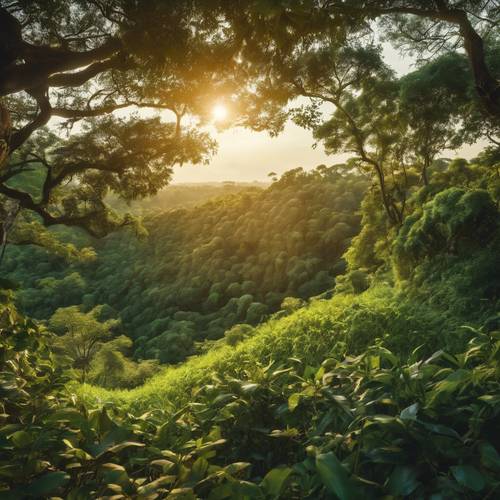 Ein Panoramablick auf den Sonnenuntergang über dem weitläufigen grünen Dschungel, der lange Schatten wirft.
