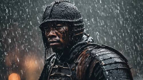 Seorang samurai hitam yang terluka, baju besinya rusak dan robek, menahan luka-lukanya di bawah derasnya hujan.