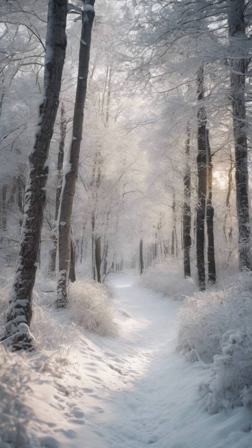 Hutan musim dingin yang tenang dengan jalan setapak bersalju yang berkelok-kelok melewatinya.