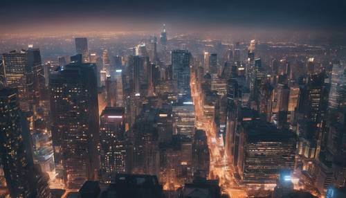 Alacakaranlıkta, göz kamaştırıcı şehir ışıklarıyla hareketli bir metropol manzarası.