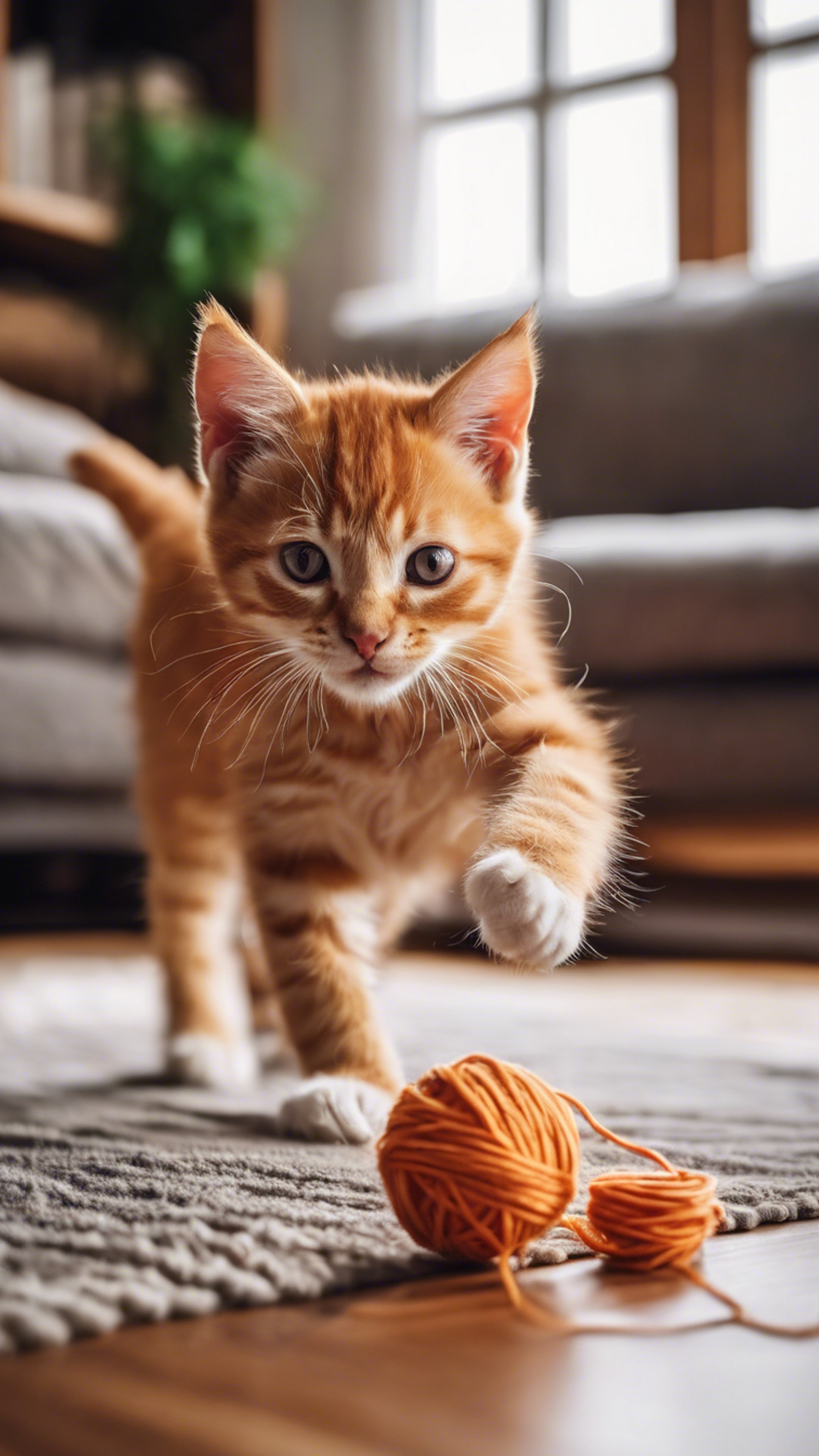A playful orange tabby kitten, chasing a ball of yarn in a cozy wooden living room. Tapeta[48ba56b3f1554d3caaed]