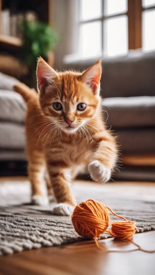 قطة صغيرة برتقالية مرحة، تطارد كرة من الغزل في غرفة معيشة خشبية مريحة.