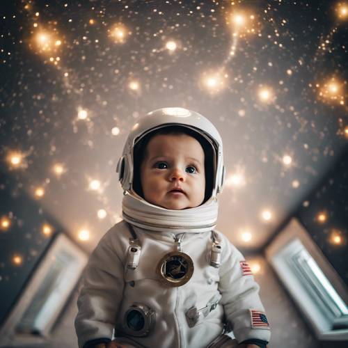 A baby in an astronaut costume staring at the stars on the ceiling of the nursery.