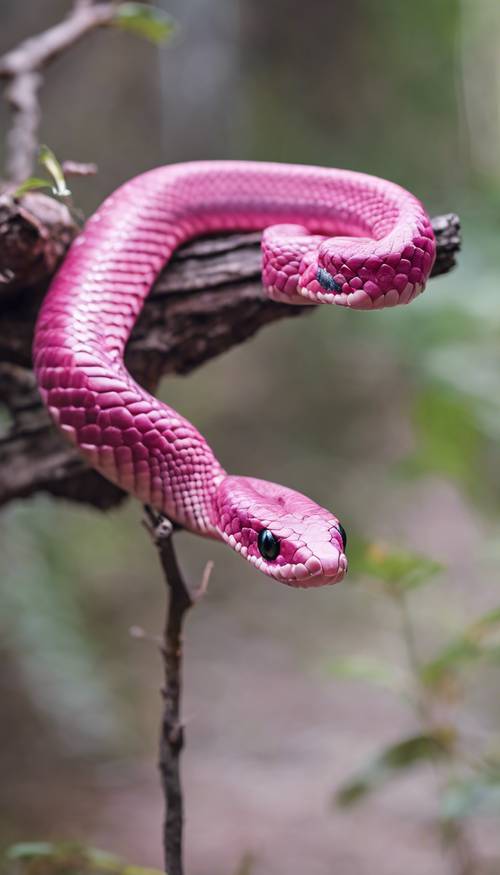 Uma cobra rosa venenosa enrolada em um galho, pronta para atacar com suas presas afiadas a qualquer momento.