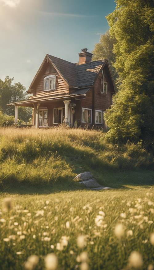 Parlak öğleden sonra güneşinin altında huzurlu bir mavi çim çayırında yer alan şirin bir kır evi.