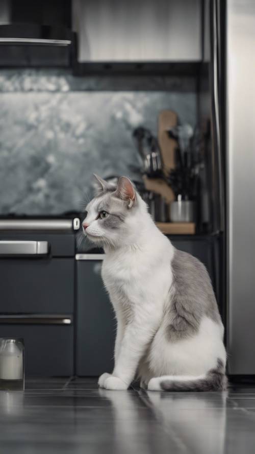 A lone gray and white cat sitting in a modern kitchen surrounded by stainless steel appliances.