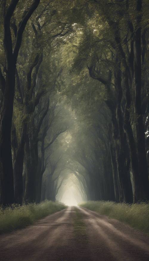 Un camino rural oscuro, tranquilo y pacífico, bordeado de altos árboles.