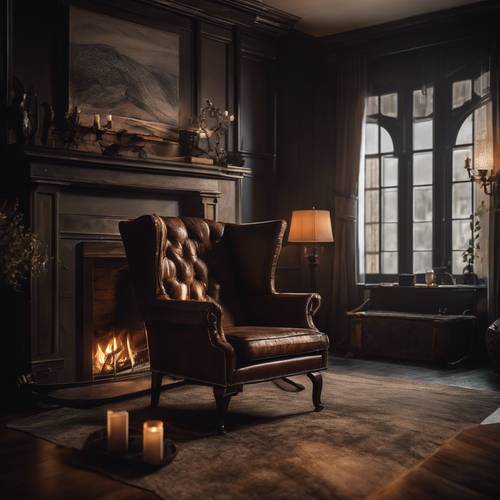 A dim-lit room with a roaring fireplace and a dark leather wingback chair, giving a peaceful and relaxing ambiance.