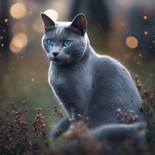 Un gatto blu di Russia, perfettamente mimetizzato, che si fonde perfettamente con il cielo notturno tempestato di stelle.