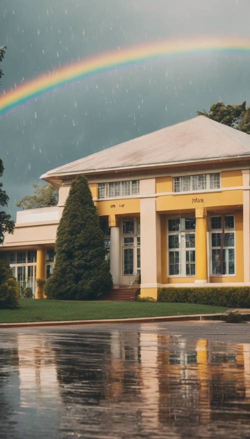 A view of a vintage preppy school amidst a rainbow following a generous shower of rain.