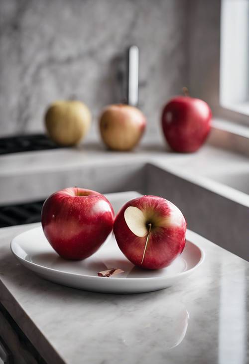 Bộ ba quả táo Nhật Bản màu đỏ, giòn, mọng nước trên mặt bàn bếp bóng loáng.