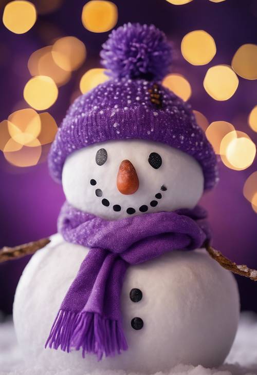 Un muñeco de nieve sonriente adornado con una bufanda y un sombrero morados bajo el crepúsculo navideño.