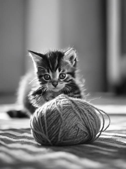 قطة صغيرة مخططة بالأبيض والأسود تلعب بكرة من الغزل.