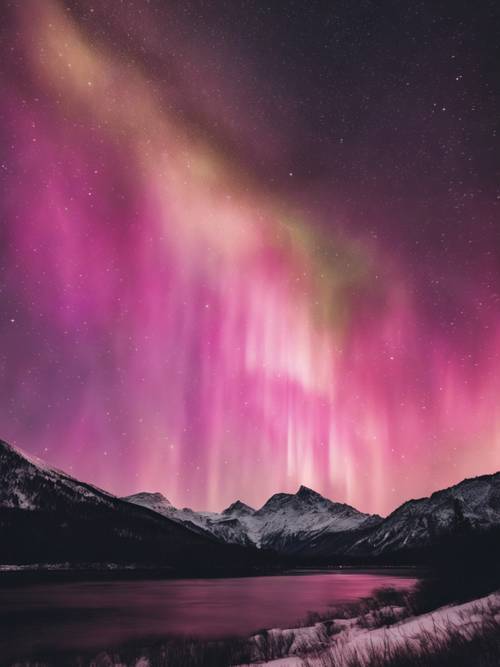 夜空下雄偉的粉紅色和金色北極光的景色。