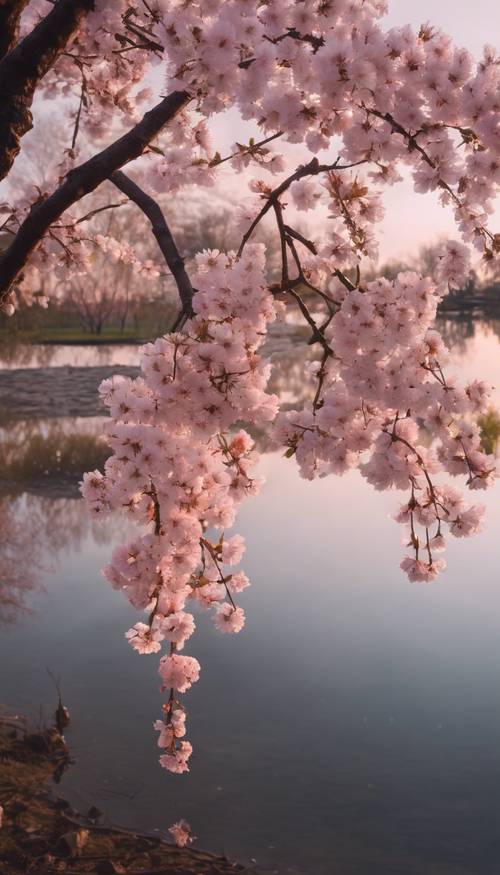 A solitary cherry blossom tree in full bloom during spring dusk at the edge of a peaceful pond