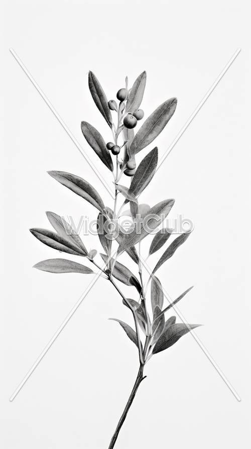 Лиственная ветка в черно-белом цвете