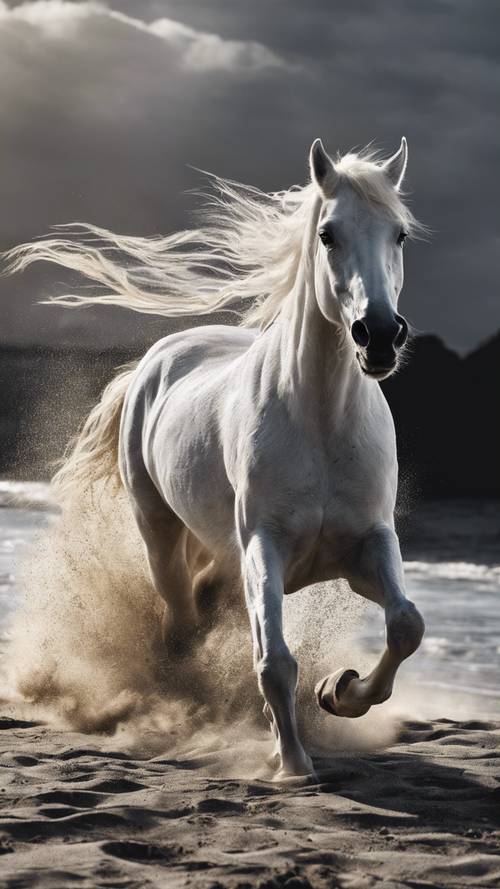 Un cavallo bianco gessoso che galoppa su una spiaggia di sabbia nera, facendo piovere sabbia nell&#39;aria.