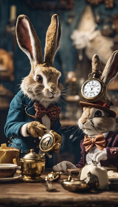 The March Hare and the Hatter trying to fix the White Rabbit’s pocket watch with butter.