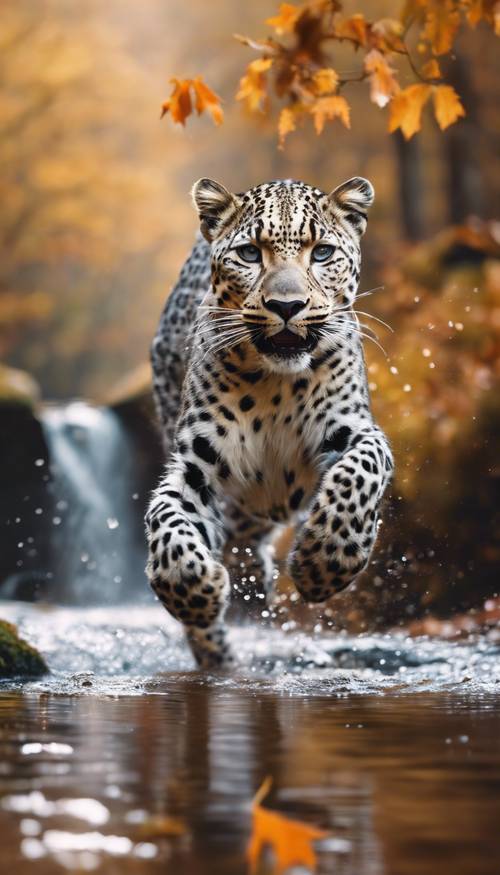 Un agile leopardo grigio che salta sopra un limpido ruscello in una vibrante foresta autunnale.