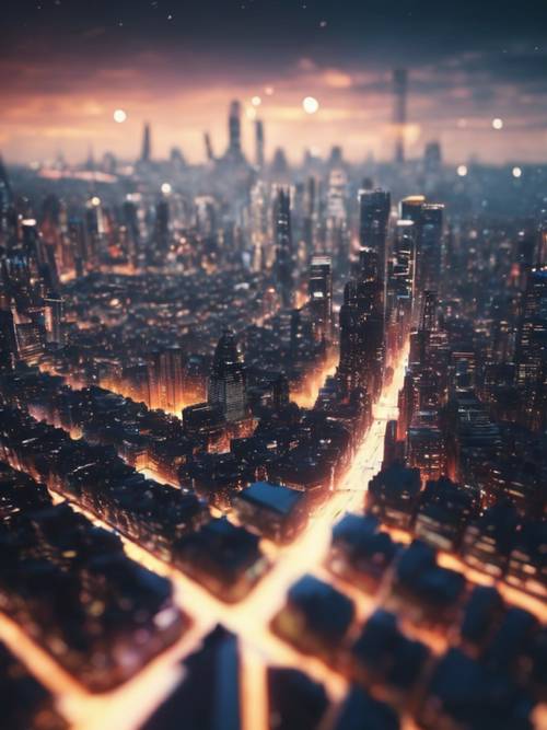 Una vista animada del horizonte de una animada ciudad ficticia de un universo de ciencia ficción.