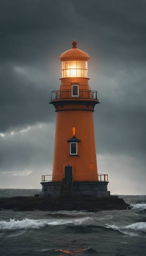 폭풍우가 몰아치는 해안에 외로운 등대, 다가오는 황혼 속에서 경고 줄무늬가 주황색으로 빛납니다.