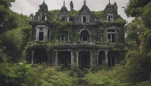 Una mansión gótica abandonada, reclamada por una vegetación cubierta de maleza.