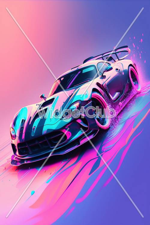 Auto sportiva colorata che accelera attraverso le luci al neon