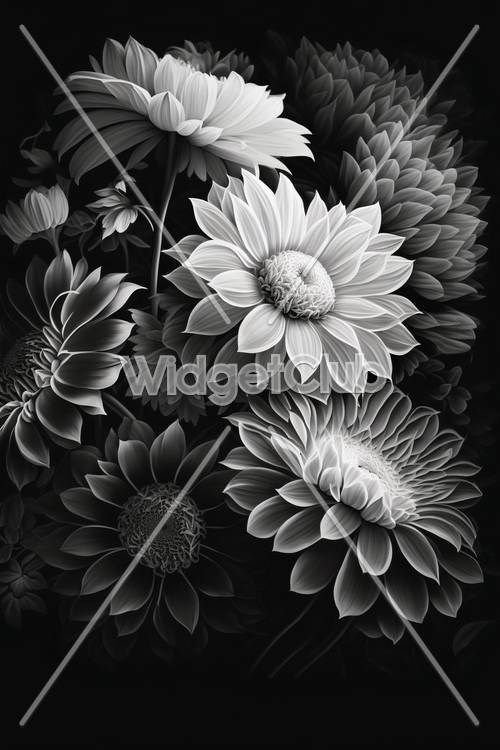 การออกแบบดอกไม้สีดำและสีขาวที่สวยงาม