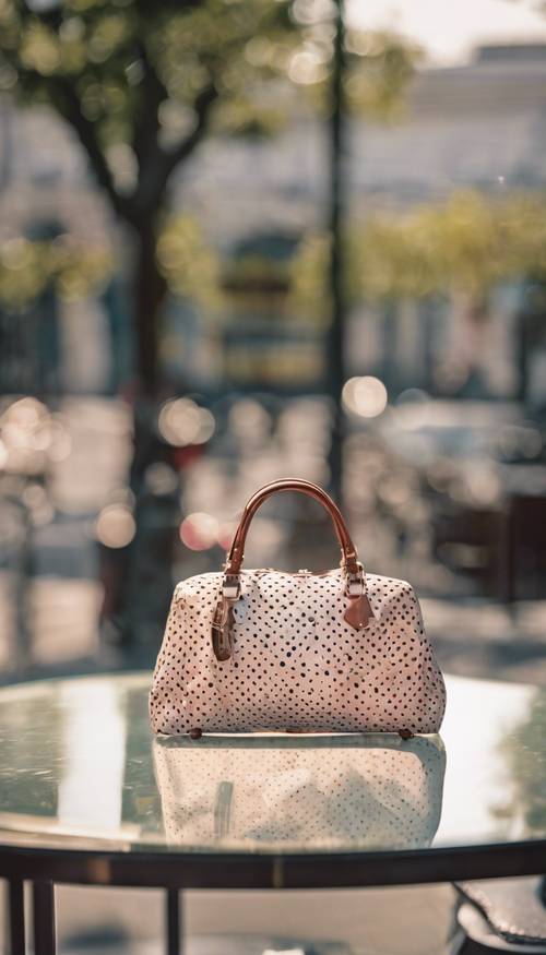 Uma bolsa de bolinhas elegante sobre uma mesa de vidro no meio de uma rua principal ensolarada.