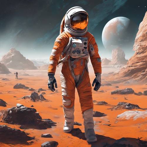 משחק וידאו בנושא חלל הכולל אסטרונאוט בחליפה כתומה ולבנה חוקר כוכב לכת זר.