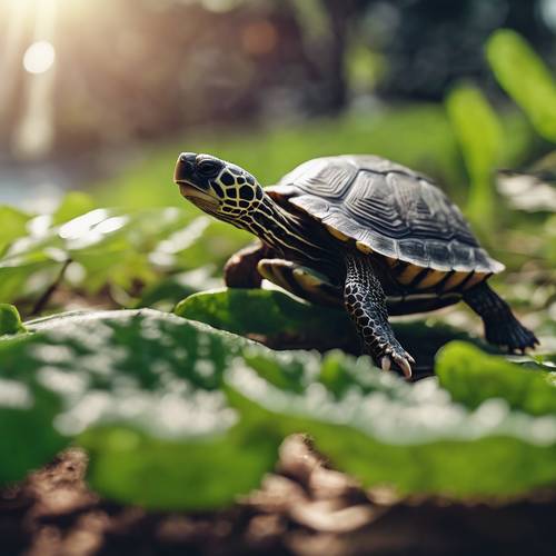 A charming little turtle enjoying a fresh leaf meal.