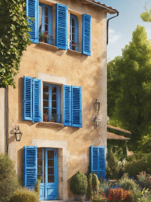 A charming French country house, its blue shutters wide open, basking in the warm afternoon sun.
