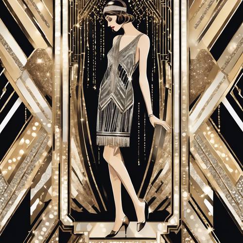 Un&#39;illustrazione di moda ispirata all&#39;Art Déco che raffigura un abito flapper con motivi geometrici di paillettes.