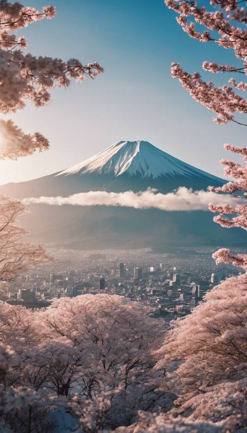 黎明時分，明亮的藍天映襯下富士山的景色。