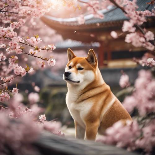 Una escena ilustrada de un perro Shiba Inu contemplando la tranquila vista de los cerezos en flor en un jardín japonés.