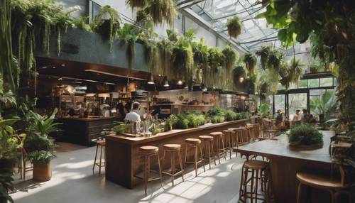 현대적인 정글 도시에 식물과 공중정원이 늘어선 활기 넘치는 커피숍입니다.