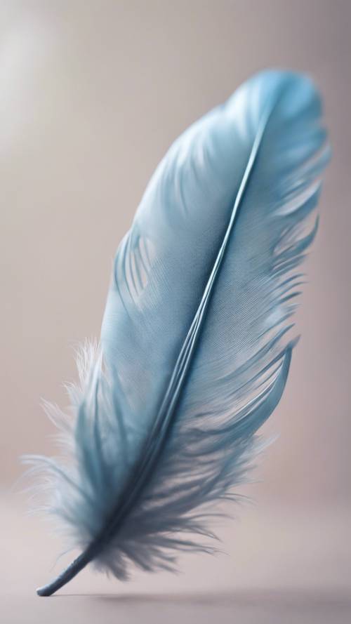 Una pluma azul pastel flotando suavemente en el aire.