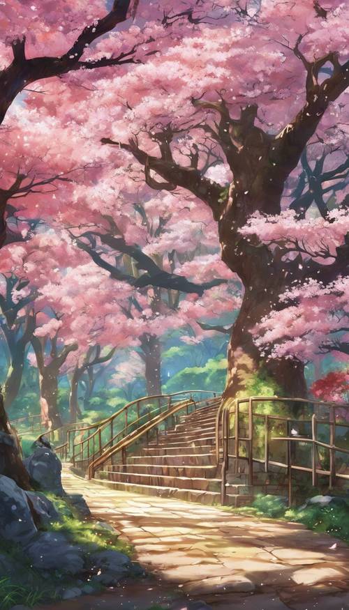 Adventure across a vibrant, anime-inspired forest, filled with cherry blossoms raining down.