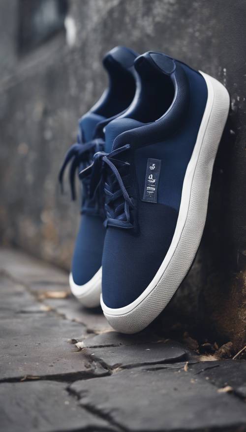 A pair of sports shoes in a dark navy color blending within an urban setting.”
