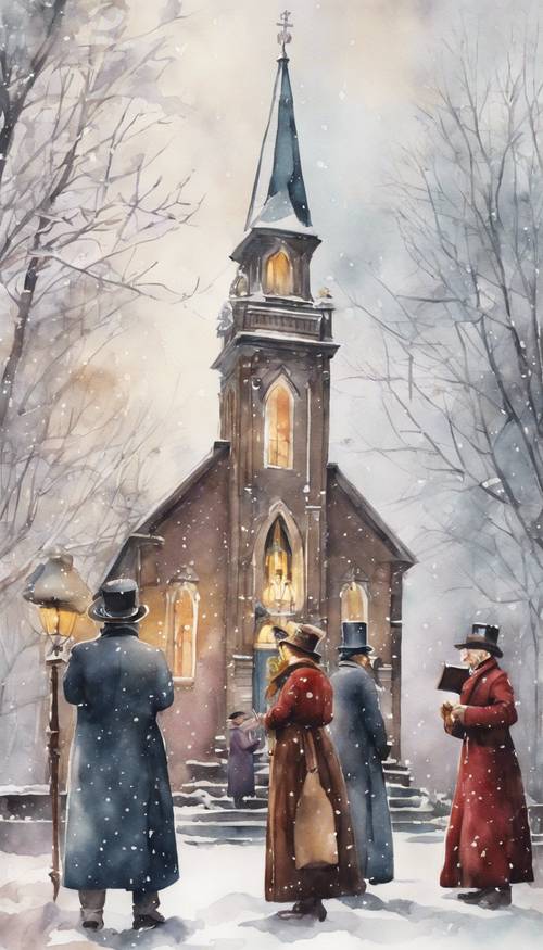 A watercolor painting of Victorian style carolers singing outside a church under the falling snow.