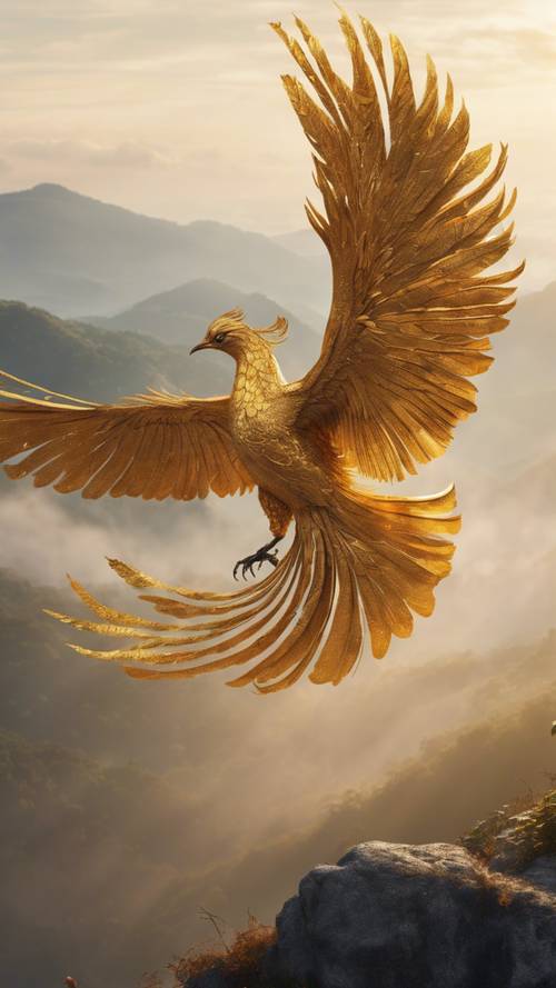 A golden phoenix bird, majestically soaring high above misty mountaintops in the early morning dew.