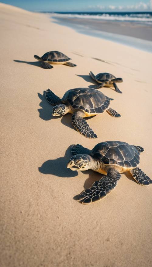 Um grupo de lindos filhotes de tartarugas marinhas caminhando para o mar em uma praia de areia quente.