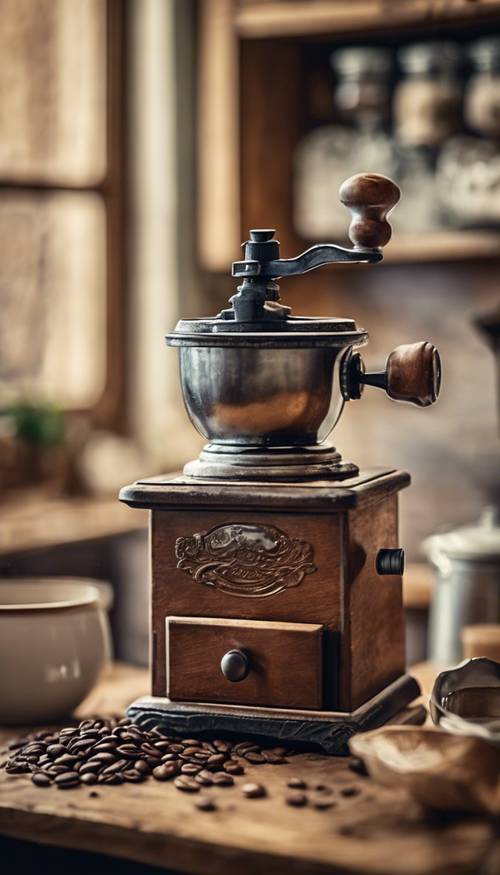 Un antico macinacaffè seduto in una cucina di campagna vintage.